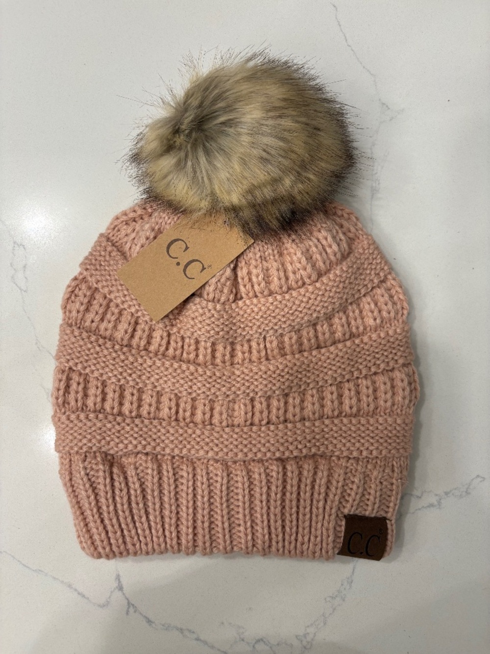 C.C Indi Pink Ribbed Hat With Faux Fur Pom